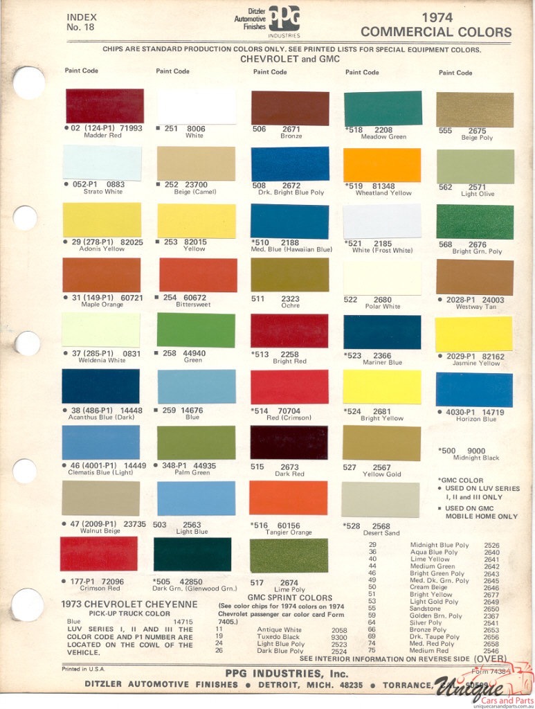 1974 GMC Truck Paint Charts PPG 1